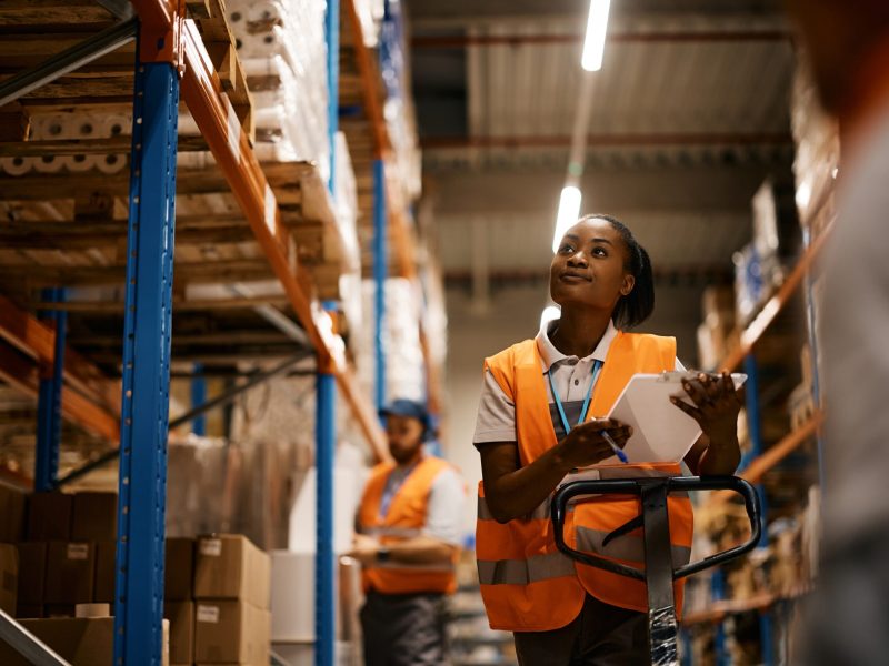 African,American,Female,Worker,Going,Through,Inventory,List,While,Checking